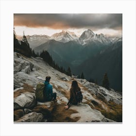 Couple Sitting On Rocks At Sunset Canvas Print