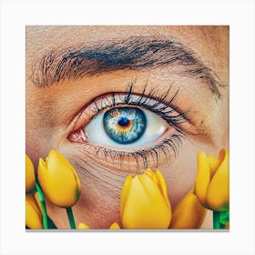 Eye Of A Woman With Yellow Tulips Canvas Print