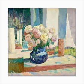 Roses In A Blue Vase Canvas Print