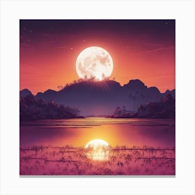 A Beautiful Big Moon Setting On The Horizon, The Sun Shines Through The Tops Of Rice Canvas Print