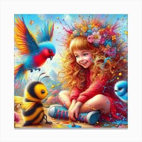 Little Girl With Birds Canvas Print