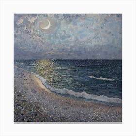 Moonlight On The Beach, Tiny Dots, Pointillism Canvas Print