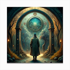 Man Standing Before A Large Circular Portal 1 Canvas Print