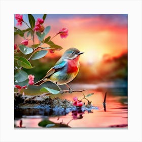 Scarlet Robin Sitting In The Olive Green Tree Canvas Print