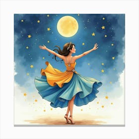 Dancer With Watercolor Celestial Moon And Stars 1 Canvas Print