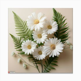 Firefly Delicate Daisy Like Flowers In White, With Fern Accents, On A Smooth Ivory Backdrop 1 Canvas Print