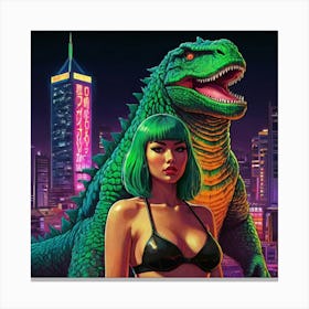 Retro Pop Godzilla with Green Hair Girl Canvas Print