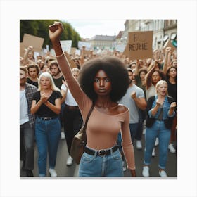 Black Woman With Raised Fist Protesting In The Street Canvas Print