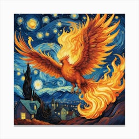 Phoenix Fire Flying At Starry Night Van Gogh Painting Pop Culture Canvas Print