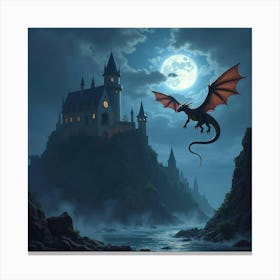 Dragon Soaring Above A Crumbling Castle During A Stormy Night 1 Canvas Print