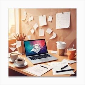 Desk With Laptop And Coffee Canvas Print