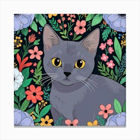 Grey Cat In Flowers Canvas Print