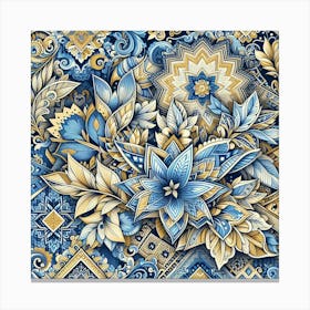 Batik, Blue And Gold Floral Pattern Canvas Print