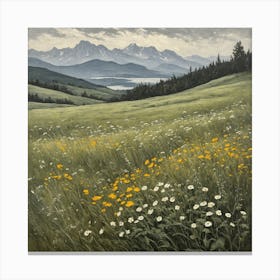 vintage oil painting of wild flowers in a meadow, mountains in the background 7 Canvas Print