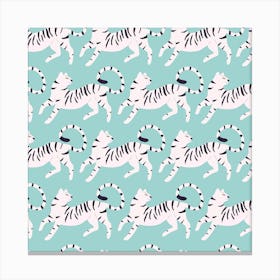 White Tiger Pattern On Blue Square Canvas Print