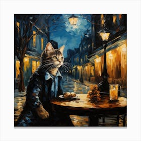 Cat And Cafe Terrace At Night Van Gogh Inspired 04 Canvas Print