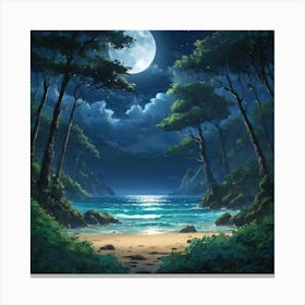 Moonlit Tropical Beach Enclosed by Lush Forest Under a Starry Night Sky Canvas Print