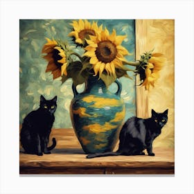 Vase With Three Sunflowers With A Black Cat, Van Gogh Inspired 2 Canvas Print
