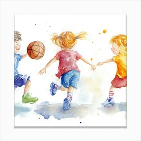 Children Playing Basketball Watercolor Canvas Print