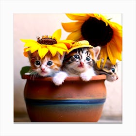 Kittens And Sunflowers In Pots 4 Canvas Print