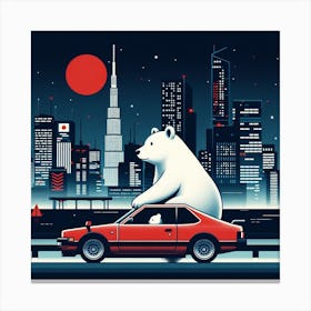 Polar Bear On A Car Canvas Print