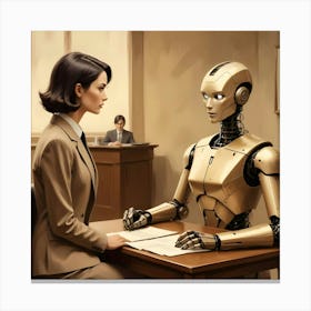 A Woman In A Business Suit Sitting Across From A Golden Robot In A Courtroom Setting Canvas Print