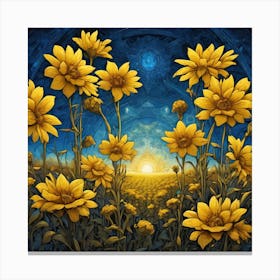 Yellow Flowers In Field With Blue Sky Centered Symmetry Painted Intricate Volumetric Lighting (5) Canvas Print