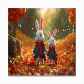 Rabbits In Autumn Leaves Canvas Print