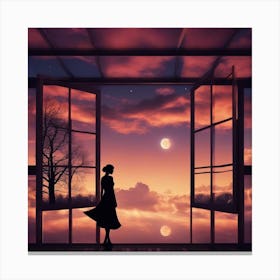 Woman Looking Out Window At Sunset Canvas Print