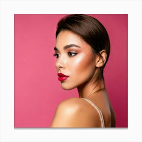 Firefly Elegance In Profile Woman With Brown Eyes And Red Lips On Rosé Background 7354 Canvas Print