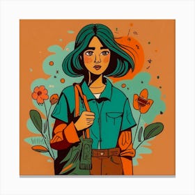 Student Girl With Green bag Canvas Print