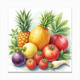 Colorful Fruits And Vegetables In A Serene Watercolor Composition 1 Canvas Print