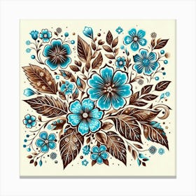 Batik, Blue And Brown Flowers Canvas Print