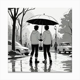 Two People Holding Umbrellas In The Rain Canvas Print