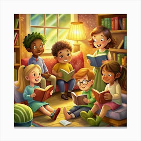 Children Reading Together In A Library Canvas Print