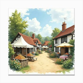 An English Village Festival With Local Crafts And Food, Watercolor Style 1 Canvas Print