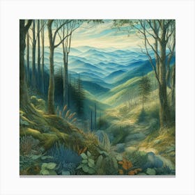 Blue Ridge Mountain forest in the style of Ivan Bilibin, Ernst Haeckel, Daniel Merriam, watercolor and ink. Canvas Print