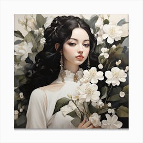 Chinese Woman With Flowers Canvas Print