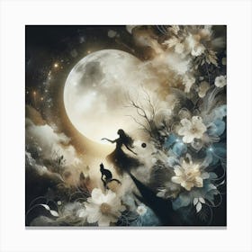 Cat And The Girl silhouette in the moonlight Canvas Print