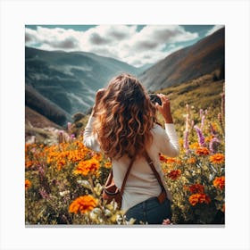 Woman Taking A Photo Of Flowers 1 Canvas Print