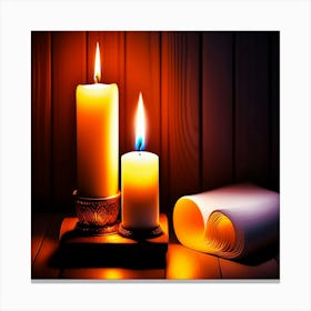 Candles on a table with a book in the background, Candlelit Candles On a Wooden Table Canvas Print