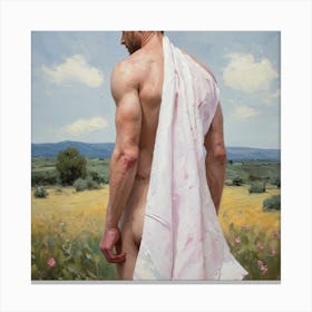 Naked Man In White Robe In Field, Vincent Van Gogh Style Canvas Print
