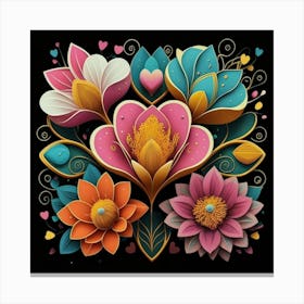 Abstract art of exotic flowers with vibrant abstract hearts in their designs, hearts, Canvas Print