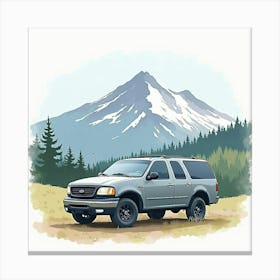 Modern Vehicle With A Mountain Backdrop, Watercolor Painting 1 Canvas Print