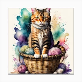 Cat In A Basket Print, authentic Canvas Print