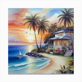 Beach House At Sunset 1 Canvas Print