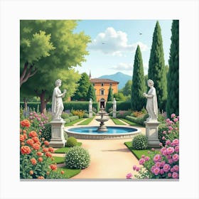 Tranquil Watercolor Of An Italian Garden, Featuring Classic Sculptures And Blooming Flowers 1 Canvas Print