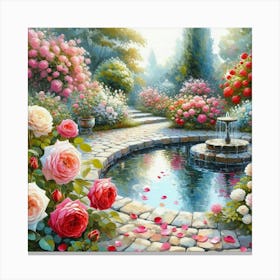 Rose Garden With The Fountain, Acrylic Style Painting 22 Canvas Print