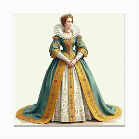 Queen Elizabeth I In Watercolor, Opulent Robe, Detailed Embroidery 1 Canvas Print