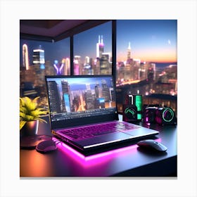 Laptop On Desk At Night 3 Canvas Print